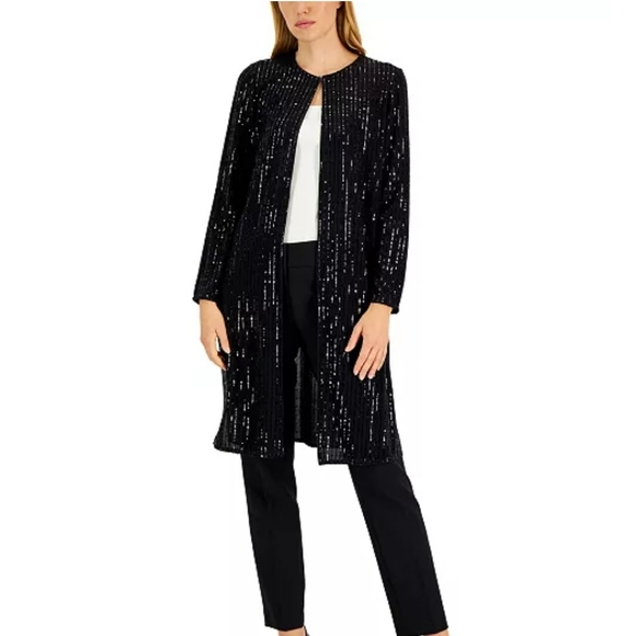 NWT Anne Klein Black Fixed-Sequin Collarless Duster Jacket With Side Slit - Picture 1 of 15